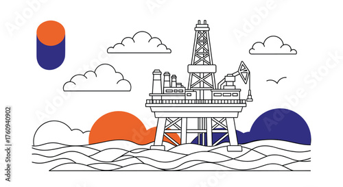 Offshore oil rig illustration with abstract sea elements and clouds.
