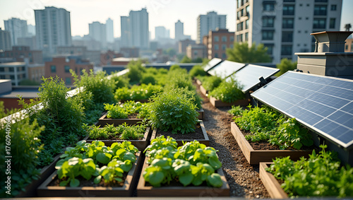 Aerial rooftop garden with solar panels and raised beds in urban setting