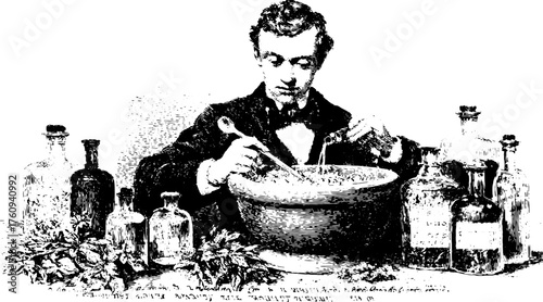 Engraving of a scientist mixing liquids in a bowl. Vintage art featuring bottles and tools in a laboratory set, classic science vector illustration.