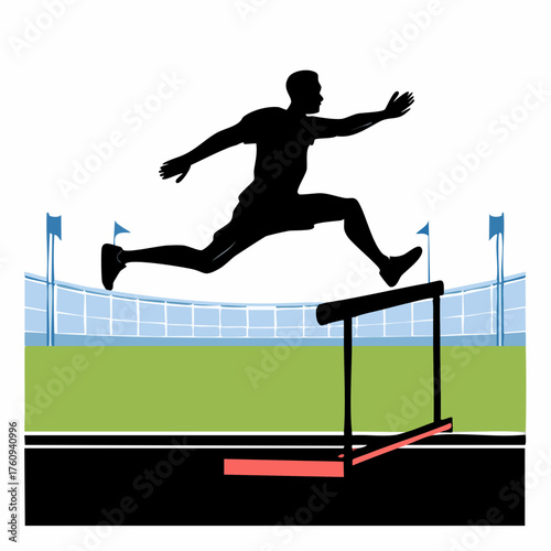 Silhouette of Athlete Jumping Over Hurdle in Stadium with Green Field and Blue Flags Under Bright Lighting in Sporting Event Illustration