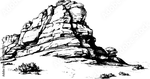 Engraving of a rugged rock formation in a vintage style. Detailed vector illustration with natural texture and monochrome finish, ready for artistic use.