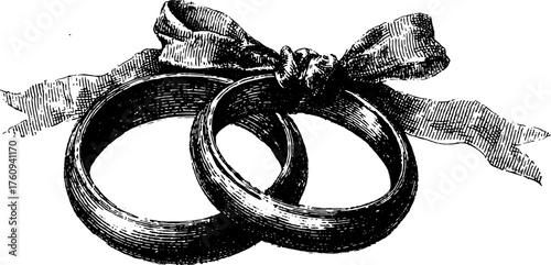 Vintage rings and ribbon in outline design. Vector illustration of wedding jewelry in a classic monochrome style set to symbolize love and unity.