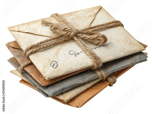 A stack of aged, tied letters.  Stacked vintage envelopes,  creased and worn, bound with twine