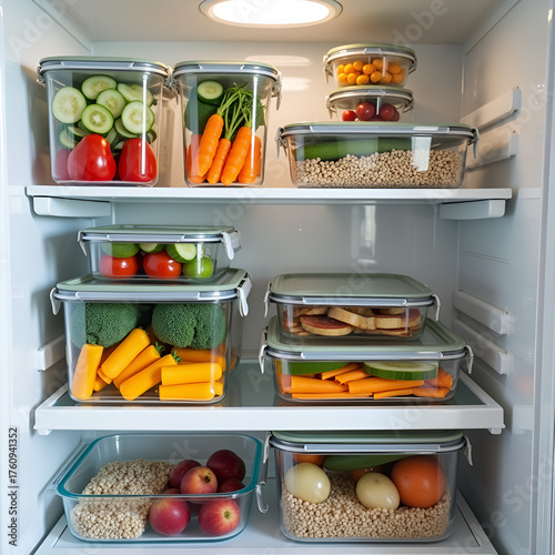 Organized refrigerator with reusable food storage containers and prepped produce