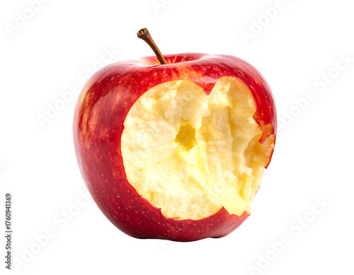 A single ripe red apple with a large bite taken out of it on a black background