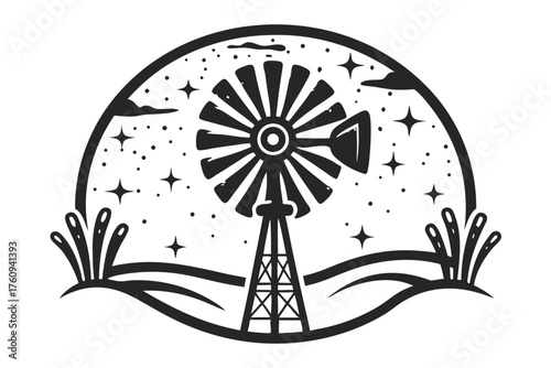 Silhouette of a windmill with a night sky and starlight in monochrome evokes peaceful scenery