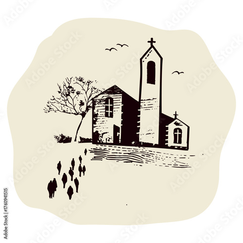 Set of pilgrim group walking on path to church on trail. Country landscape with camino signpost, pilgrims way shell, man and women for Canterbury or Camino religious pilgrimage walk. Faith based icon