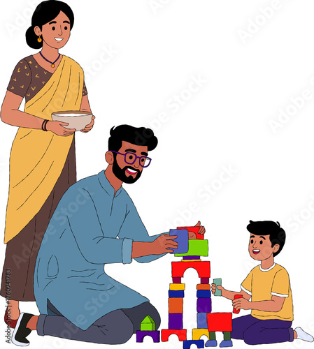 father and son playing. hand drawn style drawing.