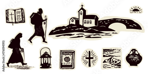 Holy pilgrims way set of monk, nun, church , bible cross symbol icon of scallop sign. Route motif sign for walkers seeking sanctuary on camino, European pilgrimage.