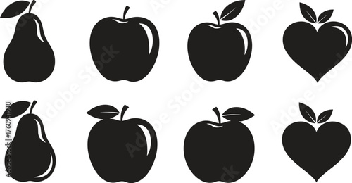 Simple black fruit icons pear and apple with heart healthy concept