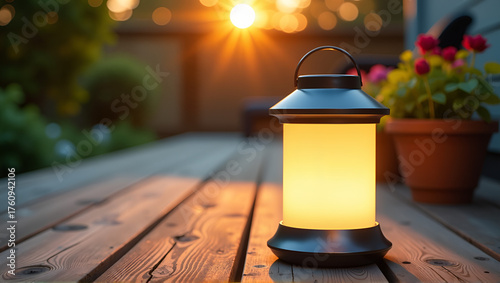 Solar-powered lantern on weathered deck at golden hour