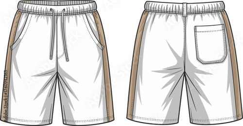 Men’s athletic shorts design, elastic waistband with drawstring, side panel garment sketch, patch pocket back view, fashion illustration, sewing pattern reference