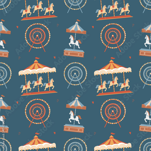 A seamless pattern with an amusement park on a dark background. A carousel with horses and a Ferris wheel on a blue background. A cartoon vector background with an amusement fair in a flat style.