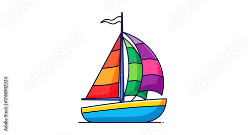 A sleek sailboat glides across a plain white background, a simple vector illustration for summer travel and marine adventures