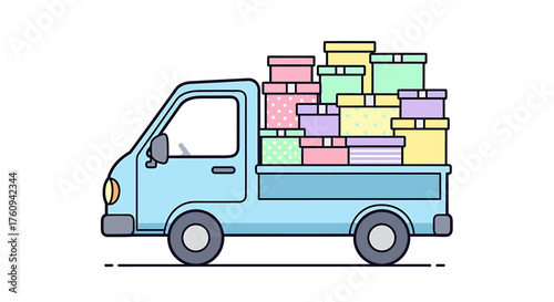 A light blue pickup truck overloaded with many colorful gift boxes and packages, depicted in a simple vector illustration style.