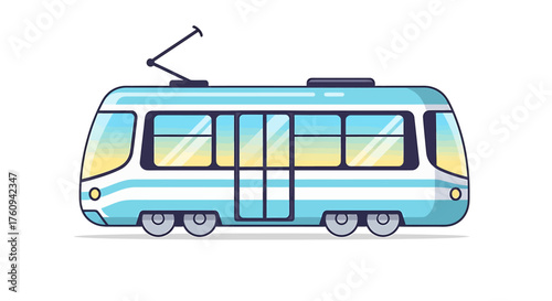 Illustration of a light blue and white electric tram with a pantograph on a white background.