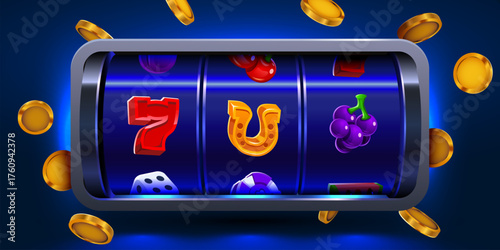 Lucky Slot Machine with Golden Coins on a Blue Background. Classic casino game concept illustration.