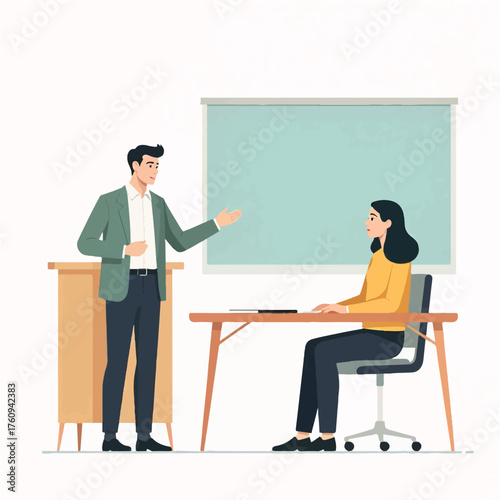 Dynamic presentation with engaging speaker and attentive audience member, perfect for business training materials or educational resources in corporate settings