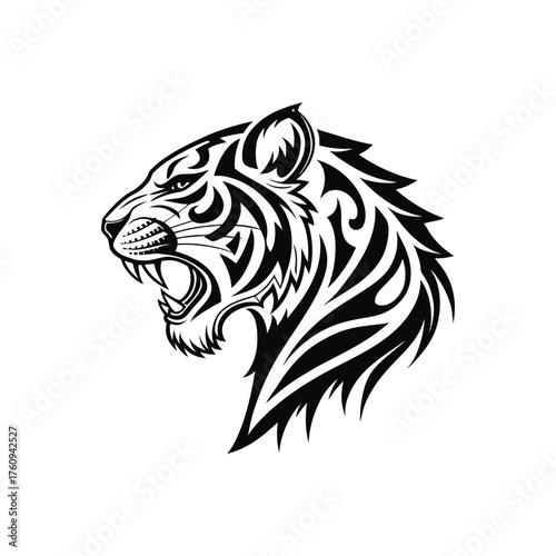 Roaring Tiger Head Tribal Tattoo Design in Black and White Vector Illustration