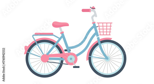 A charming illustration of a light blue bicycle with pink accents, a basket, and a comfortable seat.