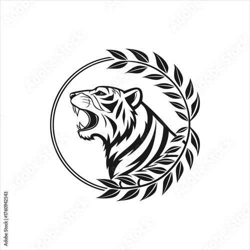 Roaring Tiger Head in Circle – Black and White Tribal Vector Emblem