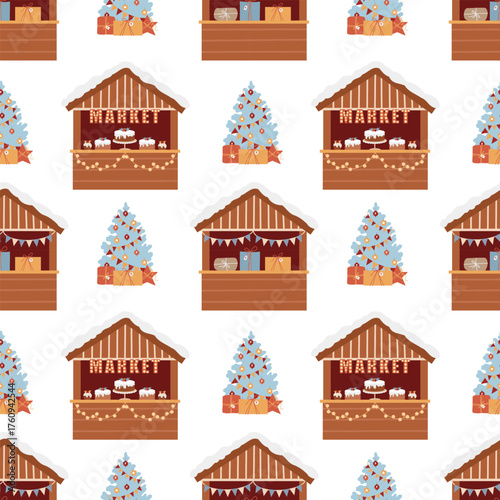 Christmas street market, flat vector seamless pattern. Winter festive decorative texture. New Years festive background with market stalls and Christmas trees, hand-drawn. Suitable for Christmas