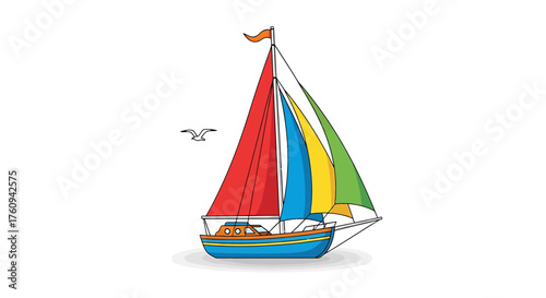 Toy model of a sailing ship isolated on white with nautical elements like sail, sea, and vessel for travel and summer vacation