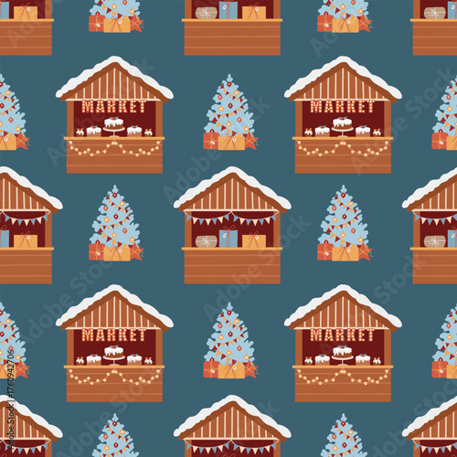 Christmas street market, flat vector seamless pattern. Winter festive decorative texture. New Years festive background with market stalls and Christmas trees, hand-drawn. Suitable for Christmas