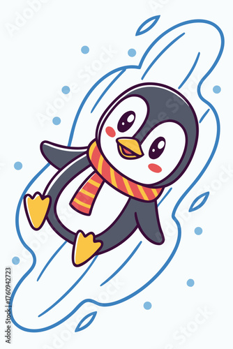 Happy cartoon penguin sliding down an icy slope with a scarf snow winter