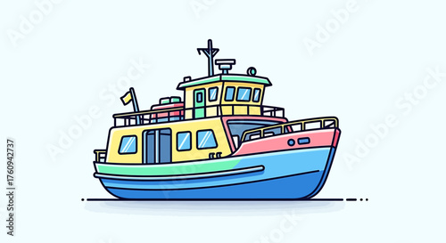 Colorful illustration of a ferry boat with multiple decks, windows, and a mast.