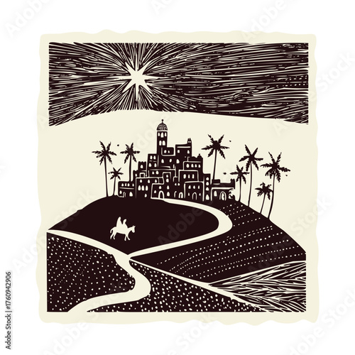 Faith based holy night in town of Bethlehem christian christmas card design. Black and white hand drawn vector motif with Mary, Joseph on a donkey, manger skyline. Isolated flat sentiment banner.