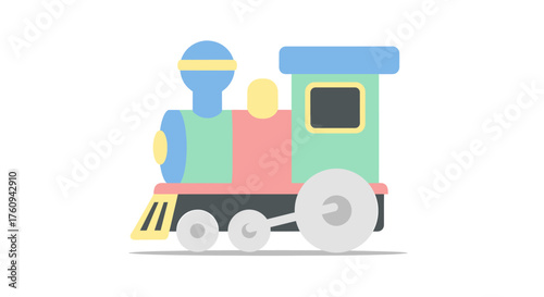 Colorful cartoon train with a blue smokestack and wheels.