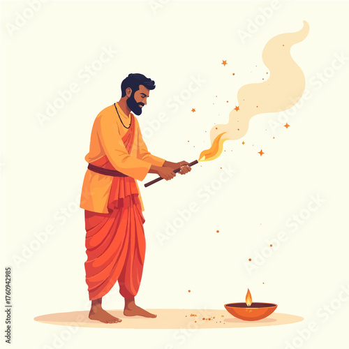 Celebrating Diwali with traditional zeal, a spiritual man lights the ceremonial lamp bringing light, hope, and prosperity for a vibrant festive season