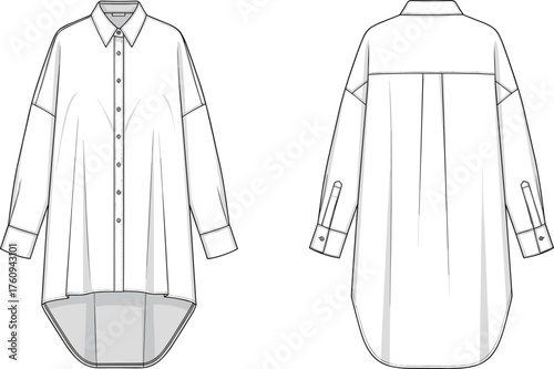 Oversized long sleeve button up shirt flat sketch, front and back view, high low hem, pleated back, fashion technical drawing