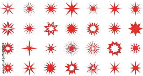 Red Starburst Shapes on White Background. Assorted Decorative Star Symbols Collection