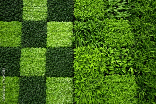 Lush greenery composed in various shades of green, creating a checkerboard pattern that evokes serenity and a connection to nature enhancing ecological harmony captured with clarity