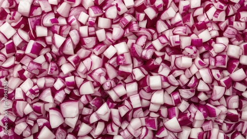 Fresh chopped red onion pieces closeup, diced vegetable texture for cooking, salad, healthy food ingredient background