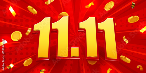 11.11 Global Shopping Festival Sale. Vibrant banner for big promotion with flying golden coins and confetti. Vector illustration