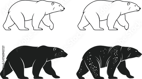 Polar bear walking vector illustration set, arctic wildlife animal design, black and white silhouette artwork for nature and conservation themes