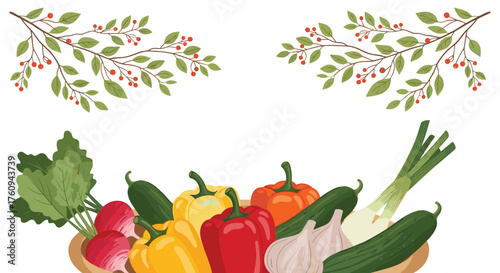 A bountiful assortment of fresh vegetables is arranged in a wooden bowl, showcasing a vibrant medley of colors and textures.