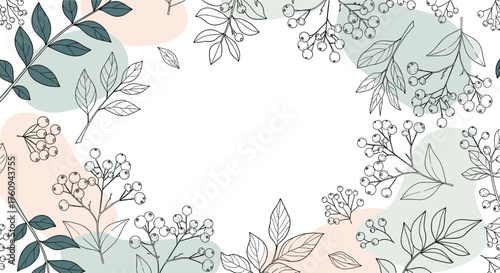 Soft blush pink and muted green organic shapes with delicate floral botanical line art.