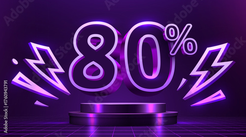 Glowing 80 discount with neon lightning on a dark stage. Modern sale promotion. Vector illustration.