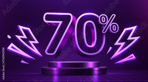 Glowing 70 discount with neon lightning on a dark stage. Modern sale promotion. Vector illustration.