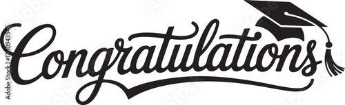 Black Script Text Congratulations with Graduation Cap and Tassel Keywords: congratulations, script, lettering, typography, graduation, graduate, cap