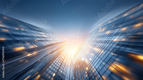 Golden sunlight breaks through a narrow gap between towering skyscrapers, illuminating the glass facade. The scene captures the essence of urban life at dawn, filled with potential and energy