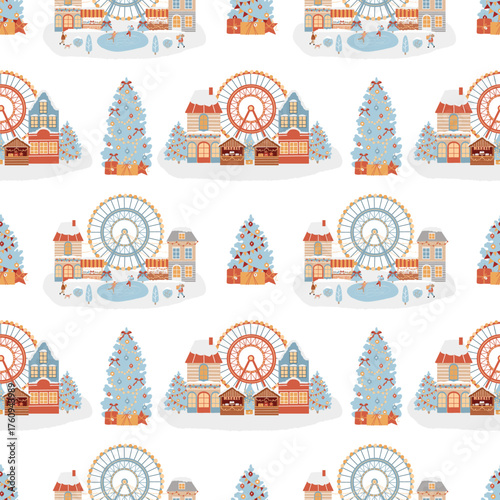 Seamless pattern with a winter amusement park on a light background. Christmas market, Christmas tree with presents, winter town. Ferris wheel, Christmas market stalls, houses, ice rink, New Years