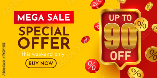 Mega Sale Special Offer banner with up to 90 discount. Perfect for marketing and promotion. Vector illustration.