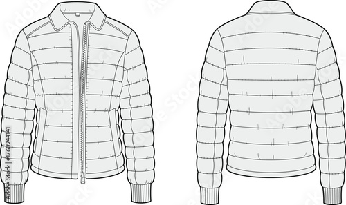 Puffer jacket technical drawing, quilted outerwear sketch, front and back view, zipper closure, stand collar, ribbed cuffs, winter fashion apparel design