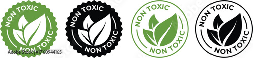 Non Toxic Leaf Icon Set | Green and Black Eco-Friendly Product Label Vector for Packaging and Sustainable Branding