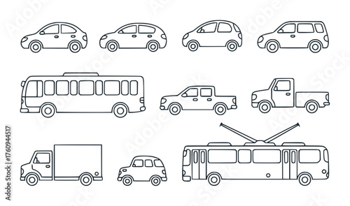 Collection of Hand-Drawn Vehicle Icons Cars, Buses, Trucks, and Trolleybus